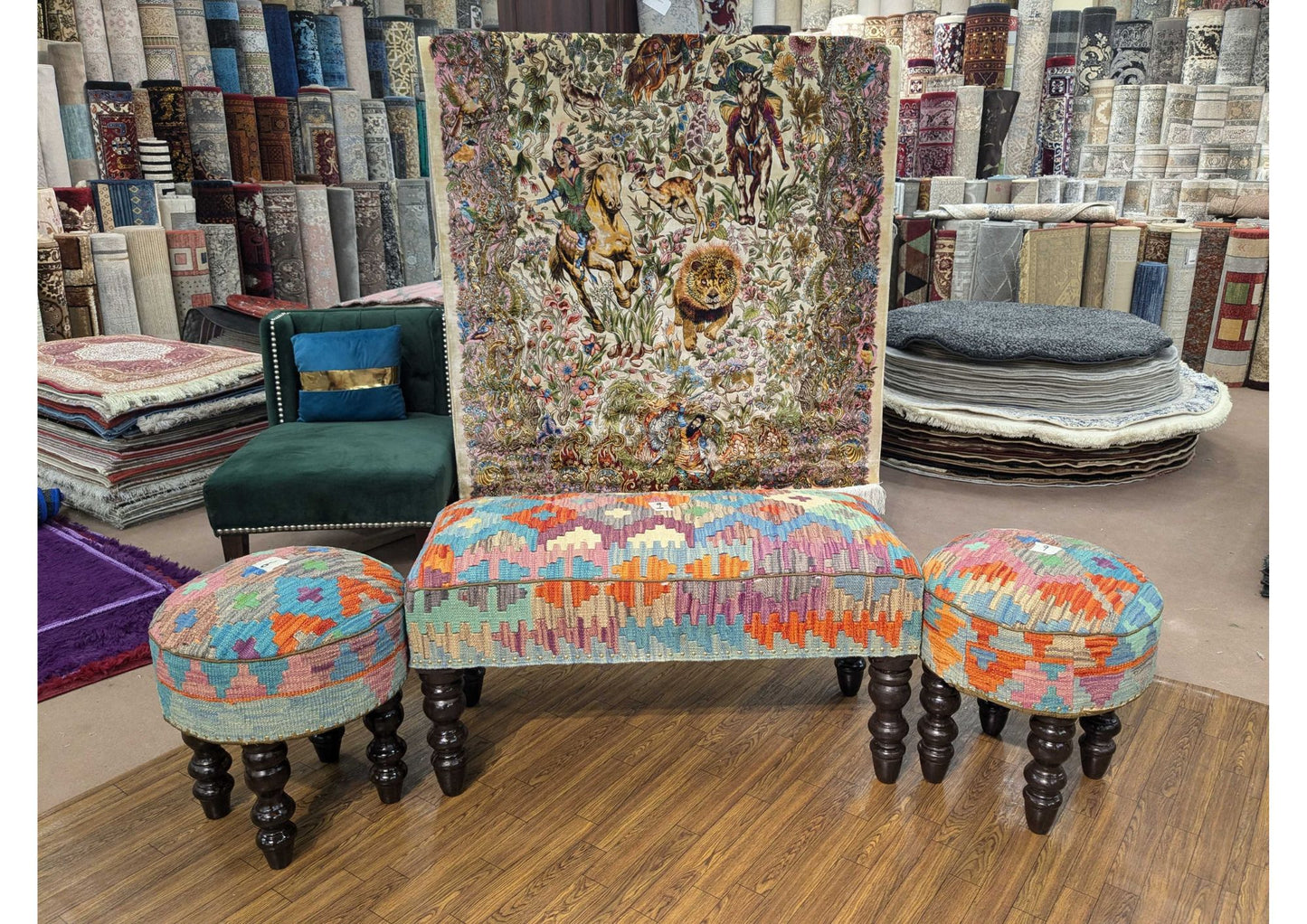 Handmade Chobi Kilim Ottoman Table – 4 Seater Large size, Keekar Wood Frame