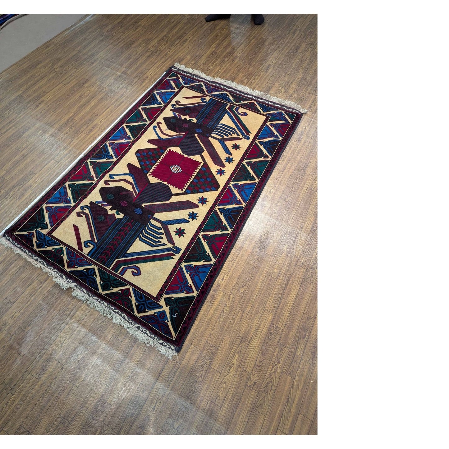 Afghan Rug with Tribal Motif – 3'9" x 6' (Hand-Knotted Wool)