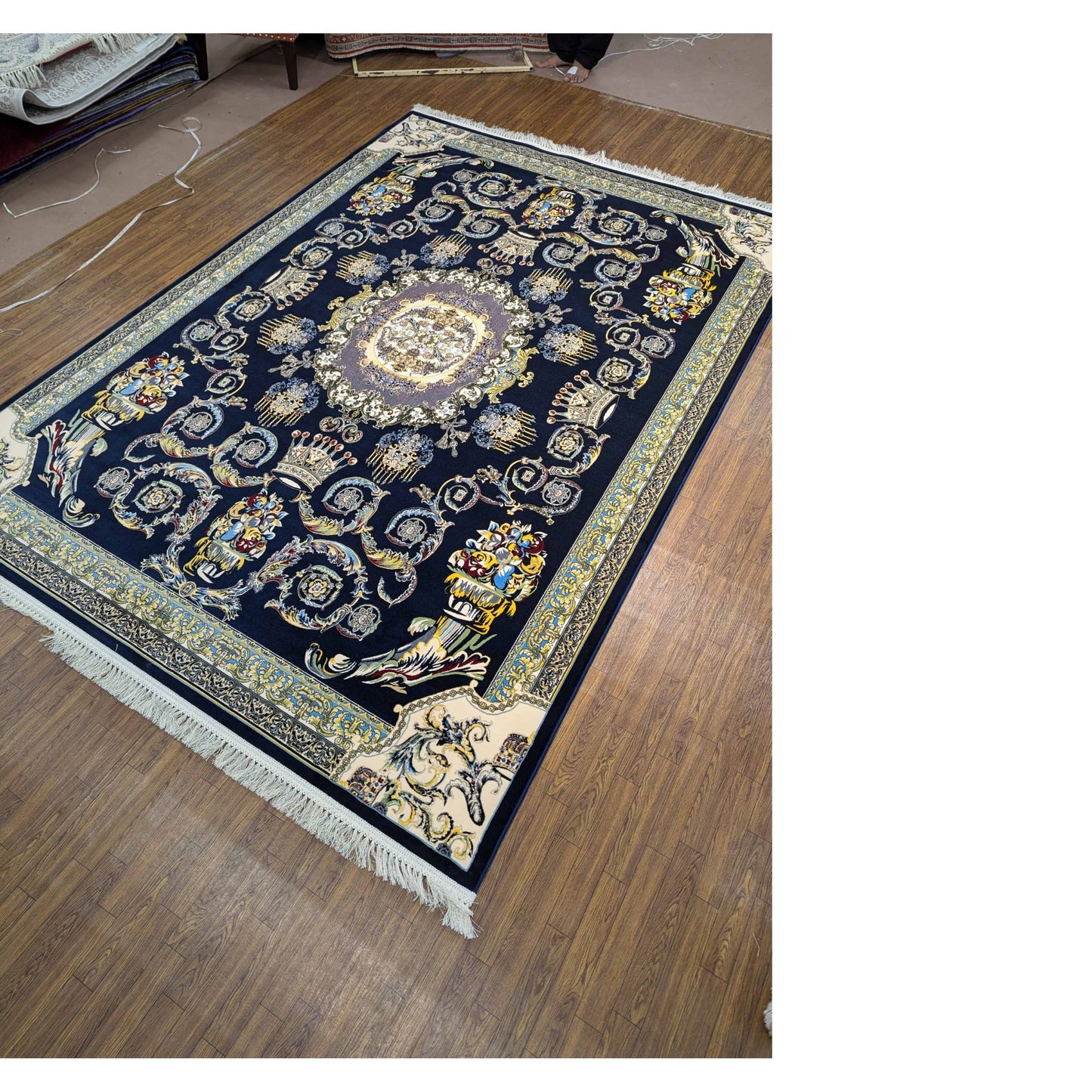 Persian Premium Quality Authentic 1200Rug Navy blue, gold, and cream.