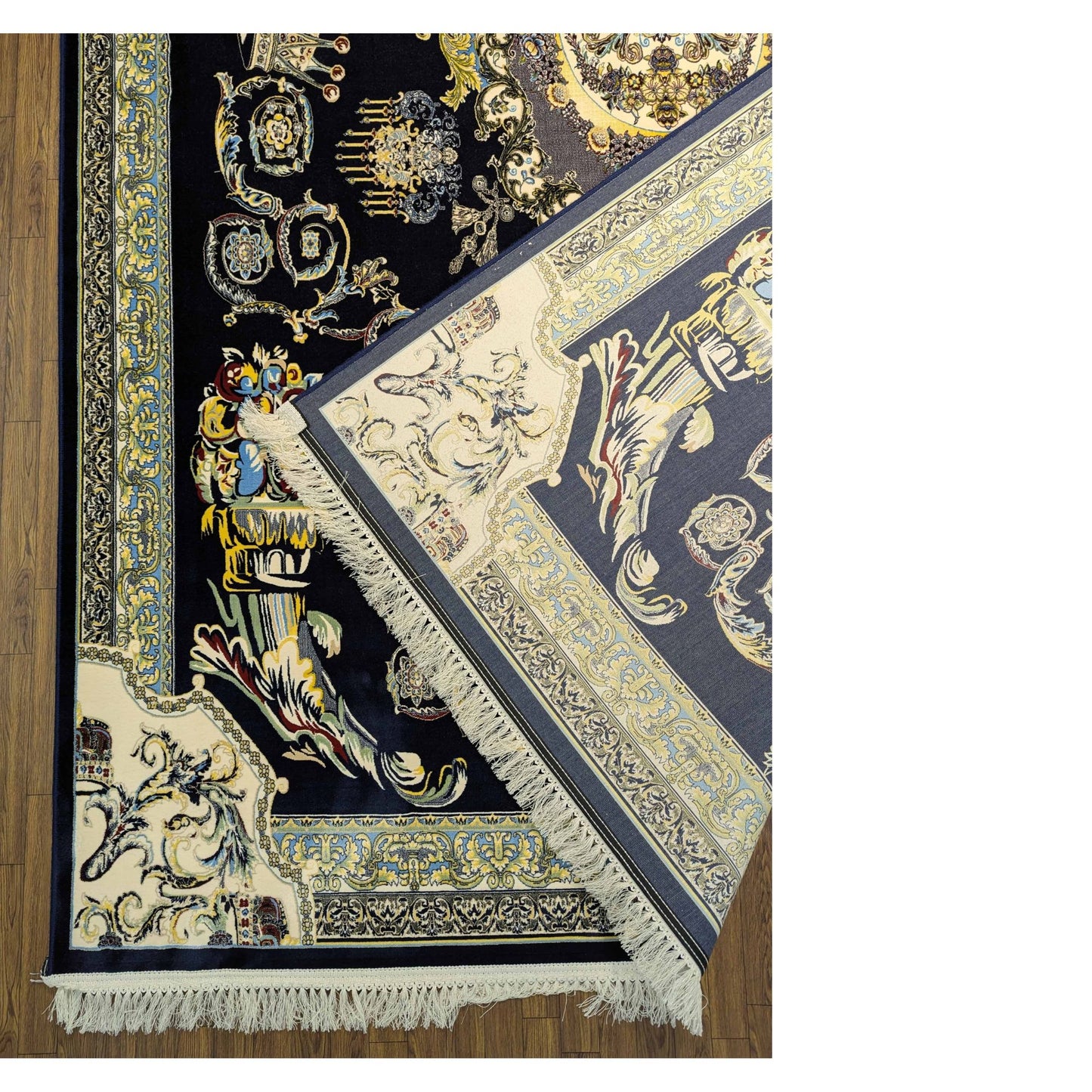 Persian Premium Quality Authentic 1200Rug Navy blue, gold, and cream.