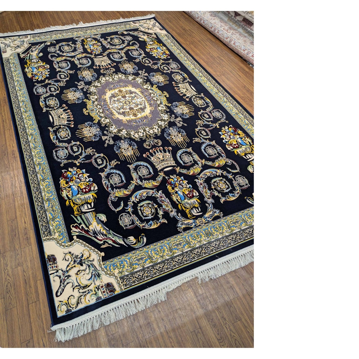 Persian Premium Quality Authentic 1200Rug Navy blue, gold, and cream.