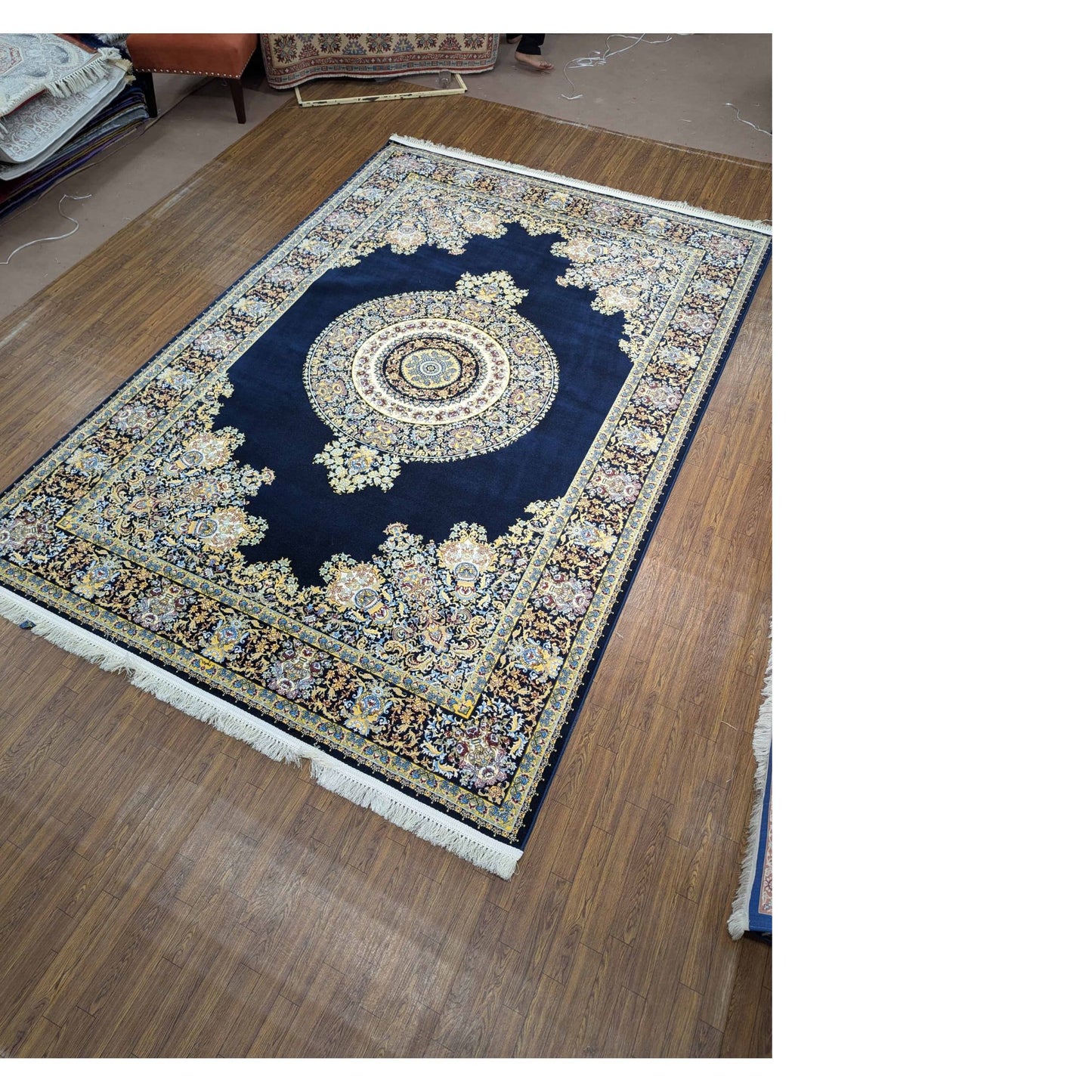 Persian Premium Quality Authentic 1200Rug Navy blue, gold, and cream.