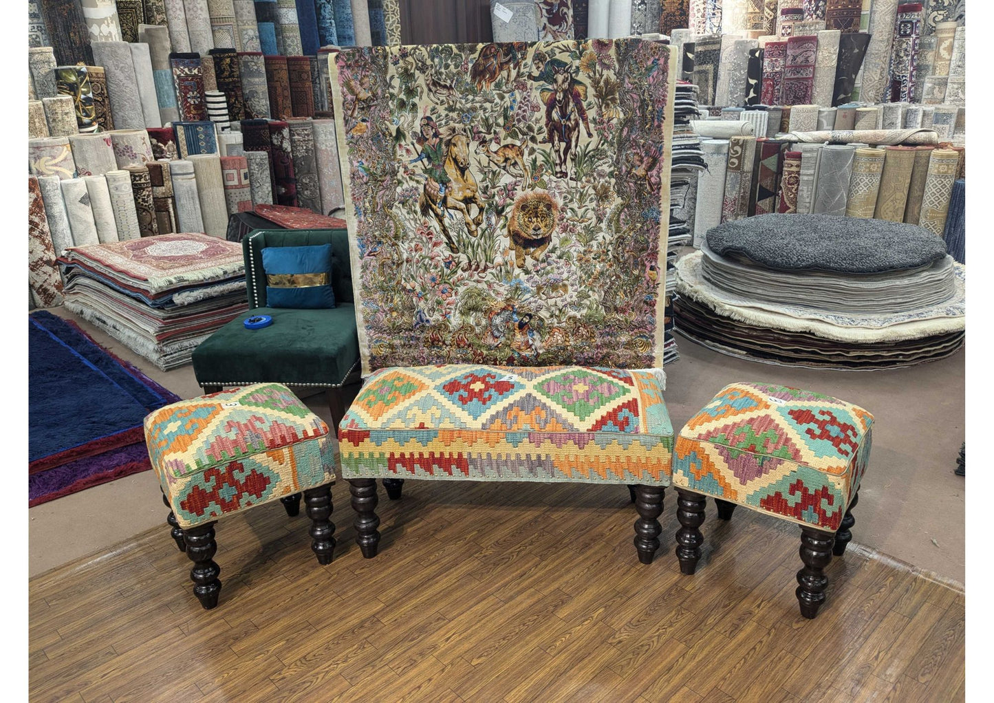 Handmade Chobi Kilim Ottoman Table – 4 Seater, Keekar Wood Frame