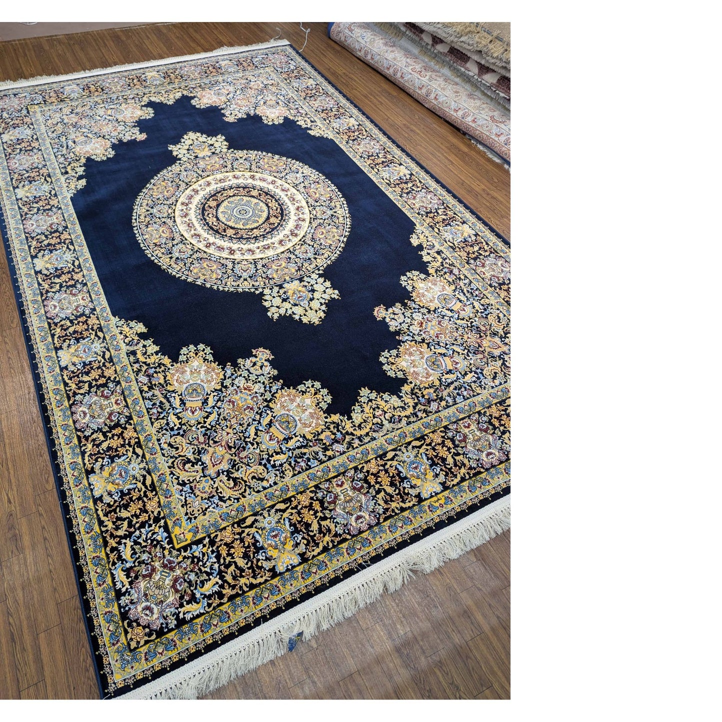 Persian Premium Quality Authentic 1200Rug Navy blue, gold, and cream.