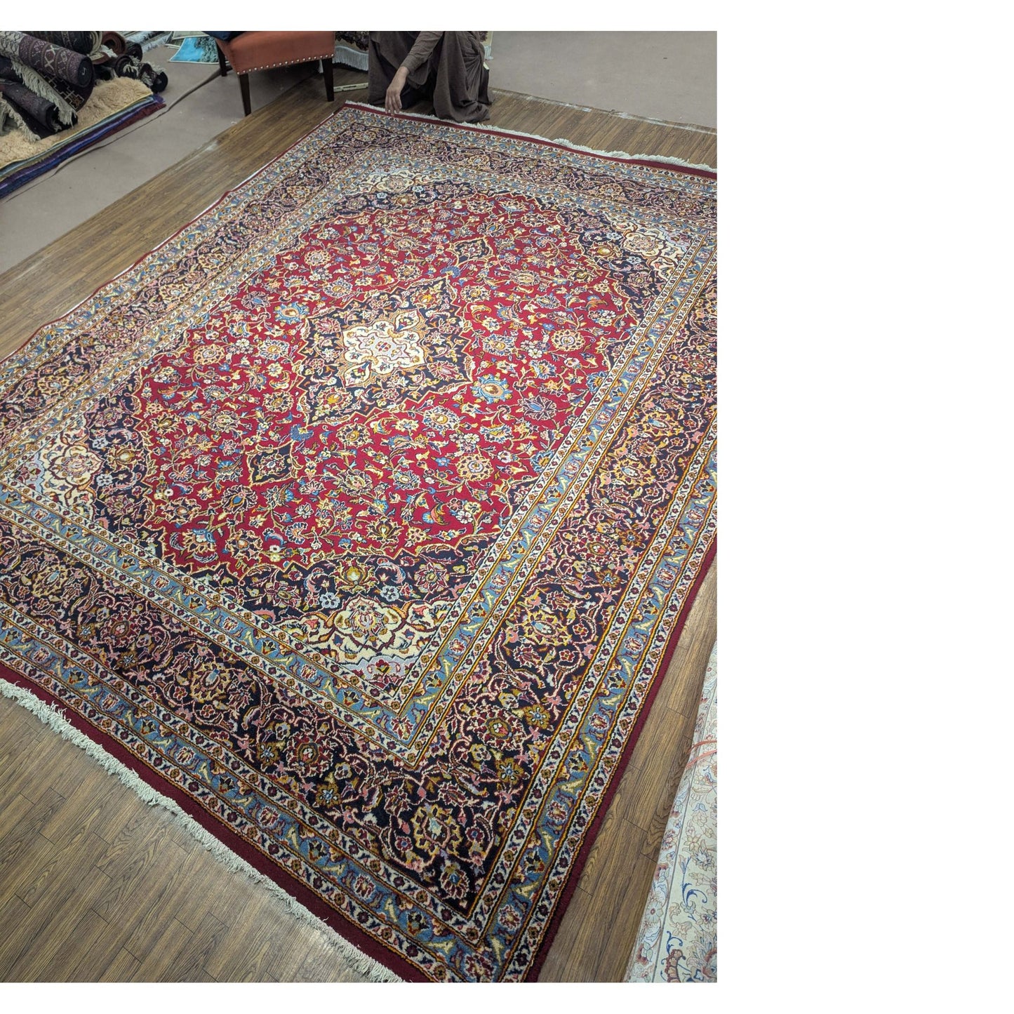 Persian Kashan Ruby & Navy Floral Rug – 8.2x11.2 ft