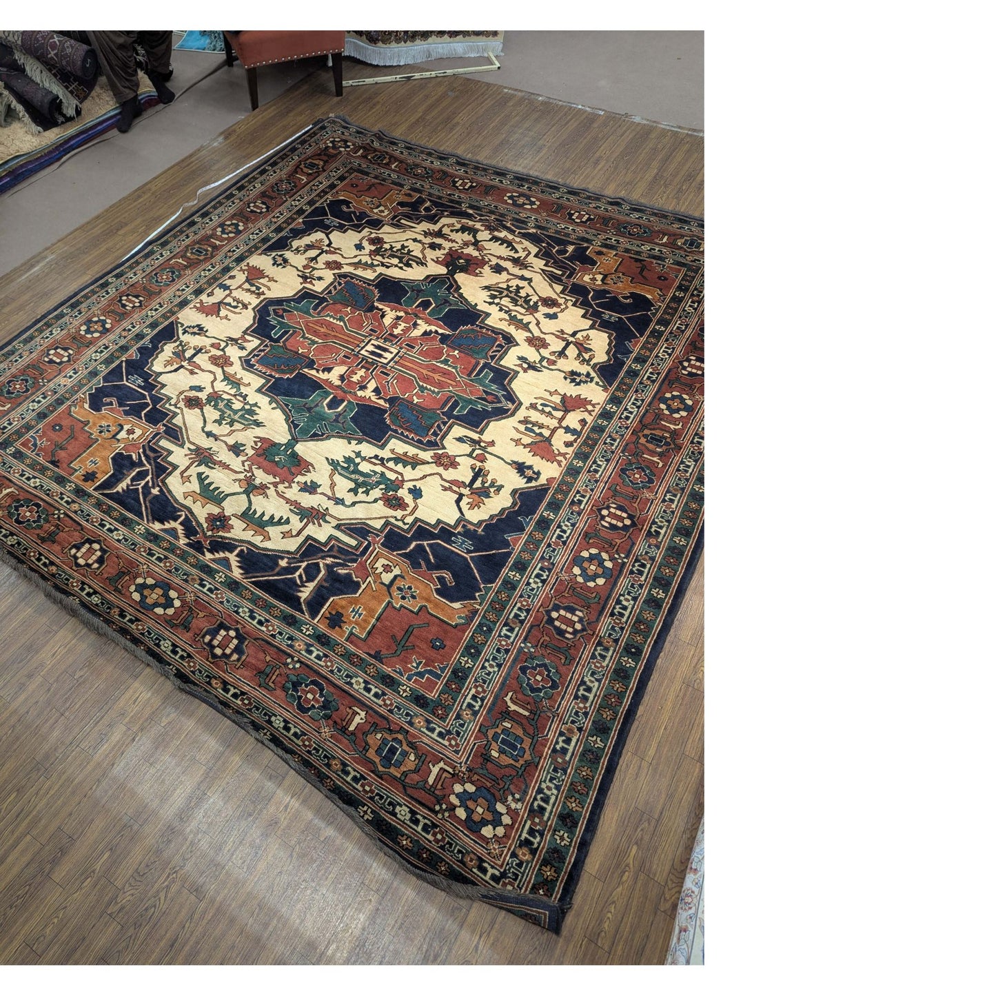 Persian Heriz Navy & Red Geometric Rug – 6.8x9.3 ft