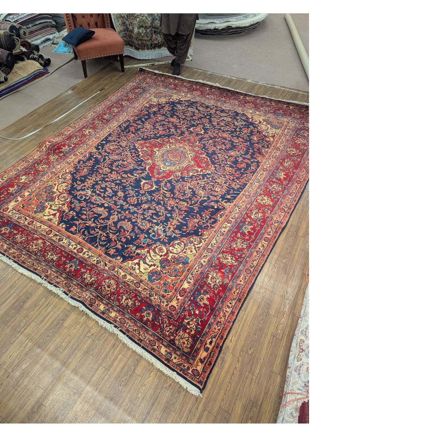 Persian Kashan Navy & Red Floral Rug – 8x11 ft