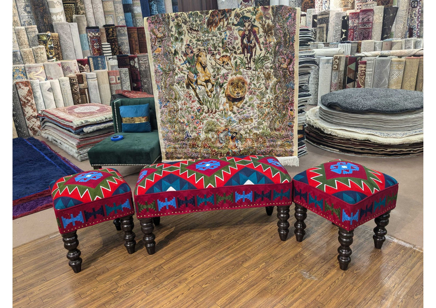 Handmade Chobi Kilim Ottoman Table – 4 Seater, Keekar Wood Frame