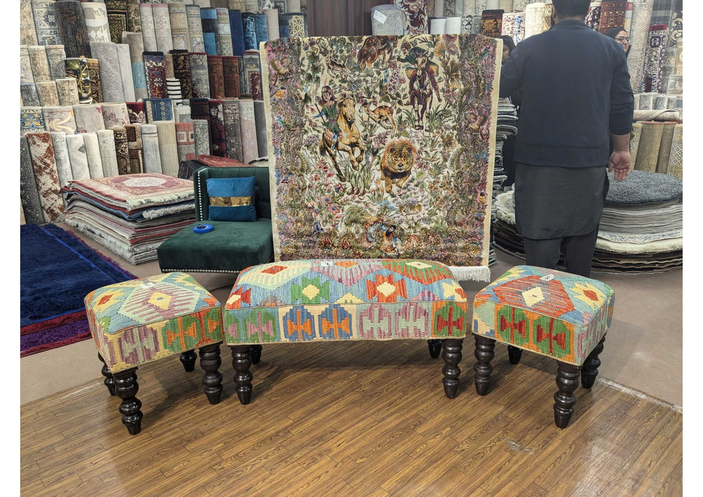 Handmade Chobi Kilim Ottoman Table – 4 Seater, Keekar Wood Frame