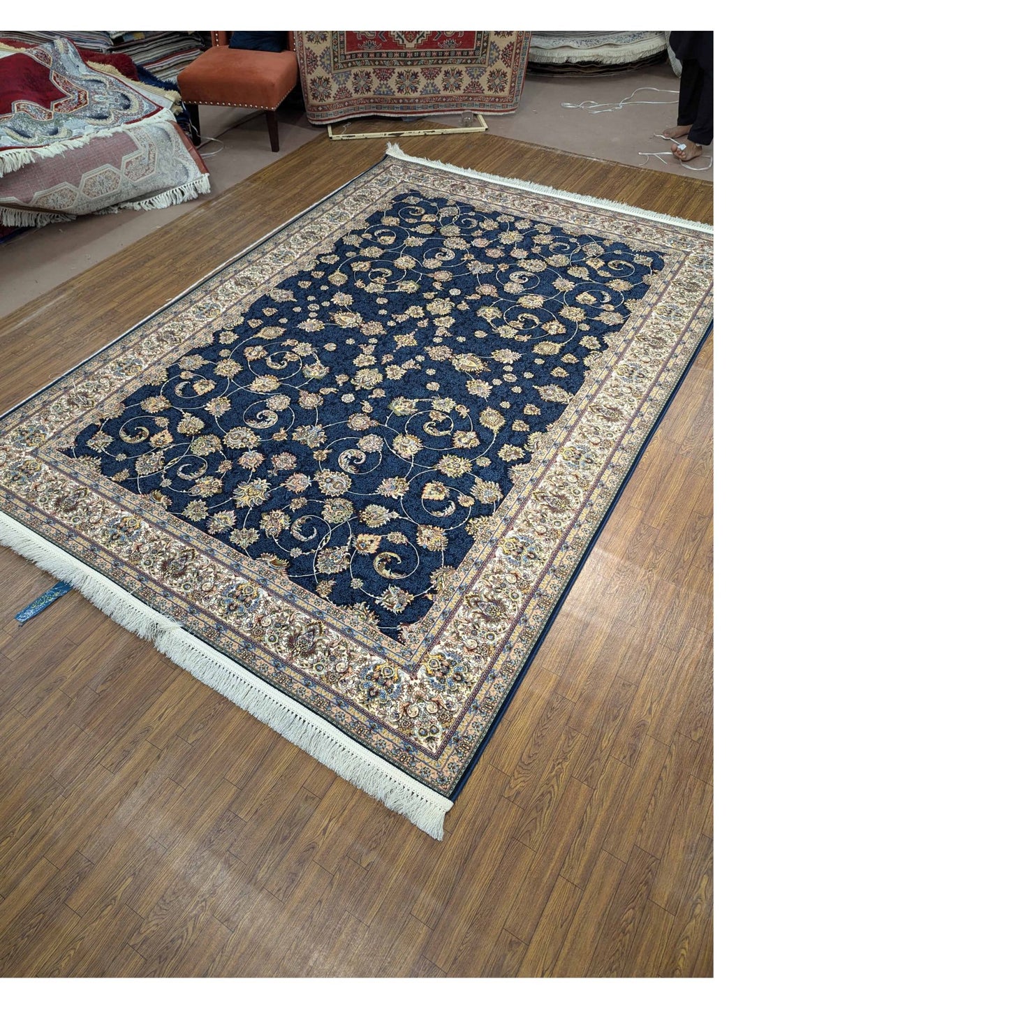 Persian Premium Quality Authentic 1200Rug Navy Blue, Beige, Gold, and Ivory
