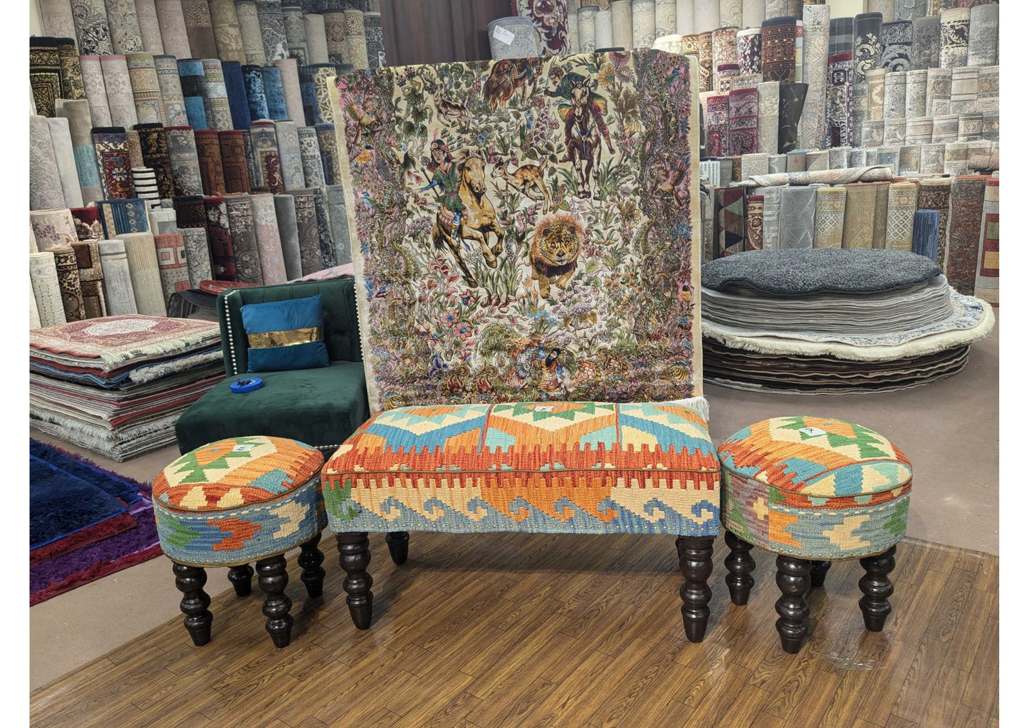 Handmade Chobi Kilim Ottoman Table – 4 Seater, Keekar Wood Frame