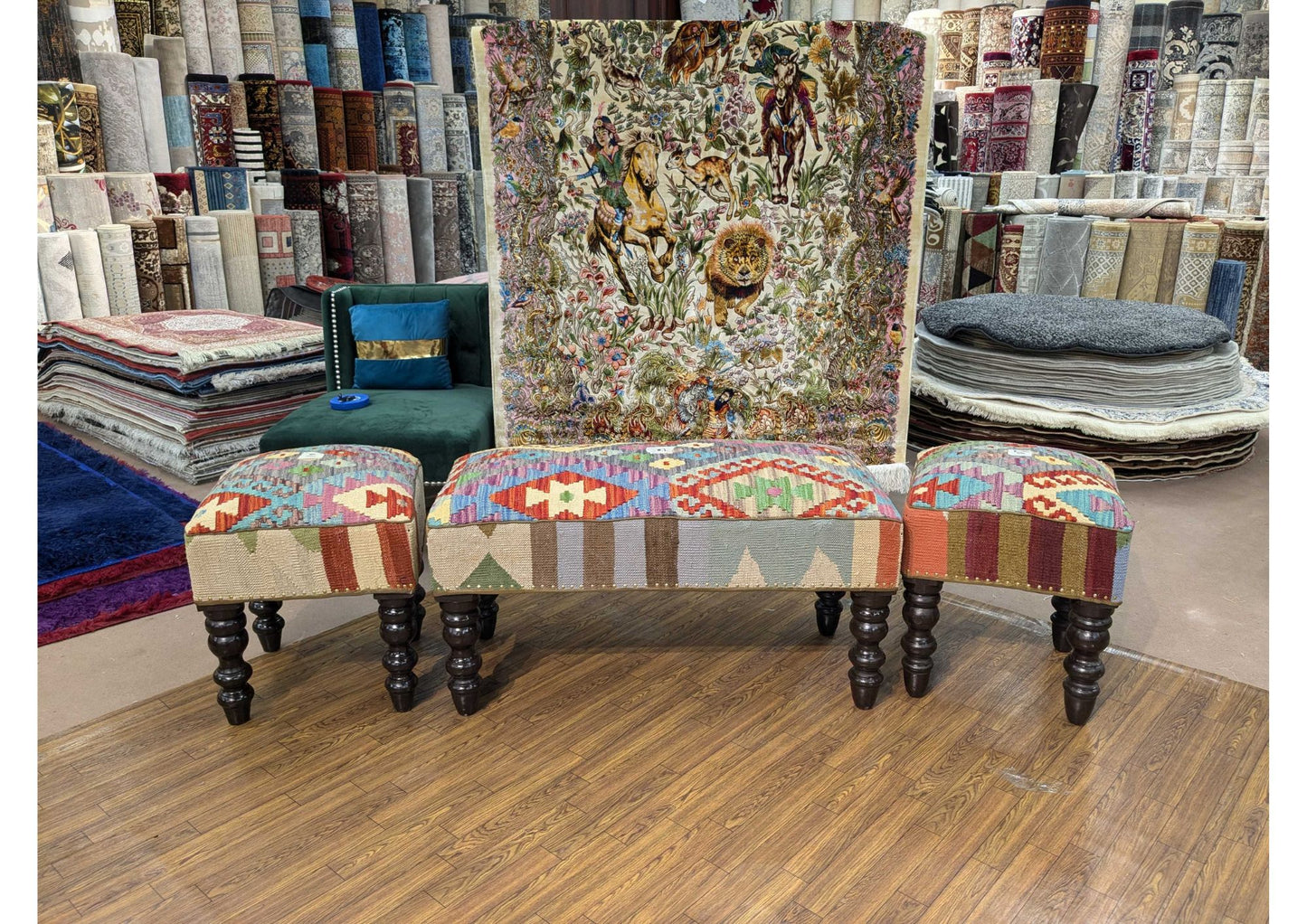 Handmade Chobi Kilim Ottoman Table – 4 Seater, Keekar Wood Frame