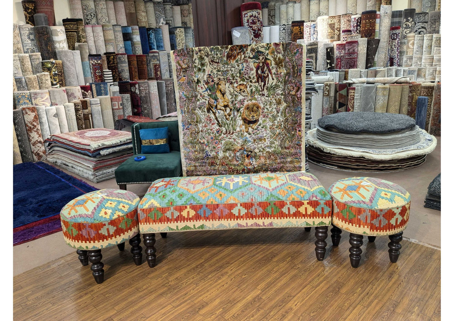 Handmade Chobi Kilim Ottoman Table – 4 Seater Large size, Keekar Wood Frame