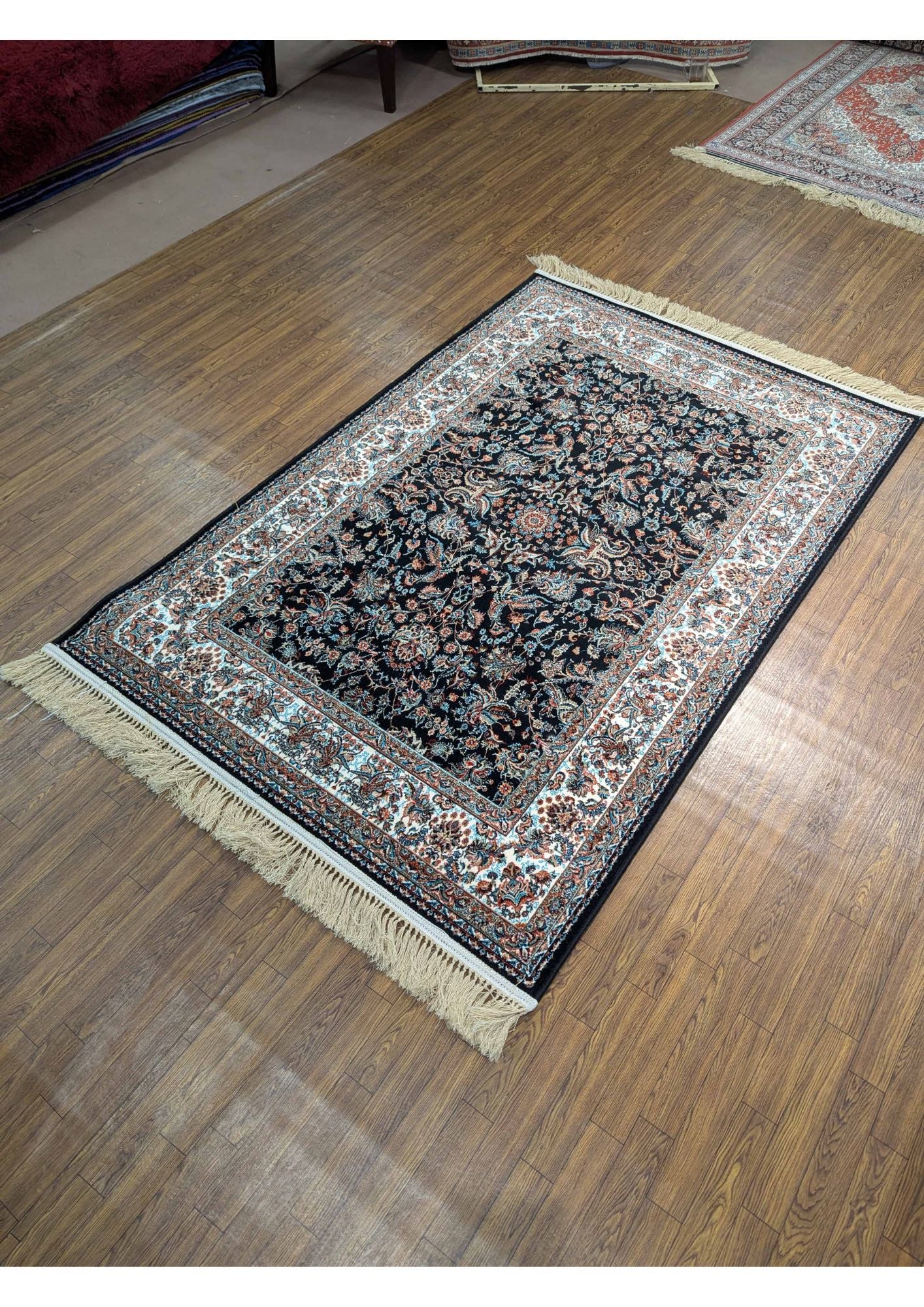 4x6ft Persian Authentic Premium Quality Black, Feroze & Ivory Rug