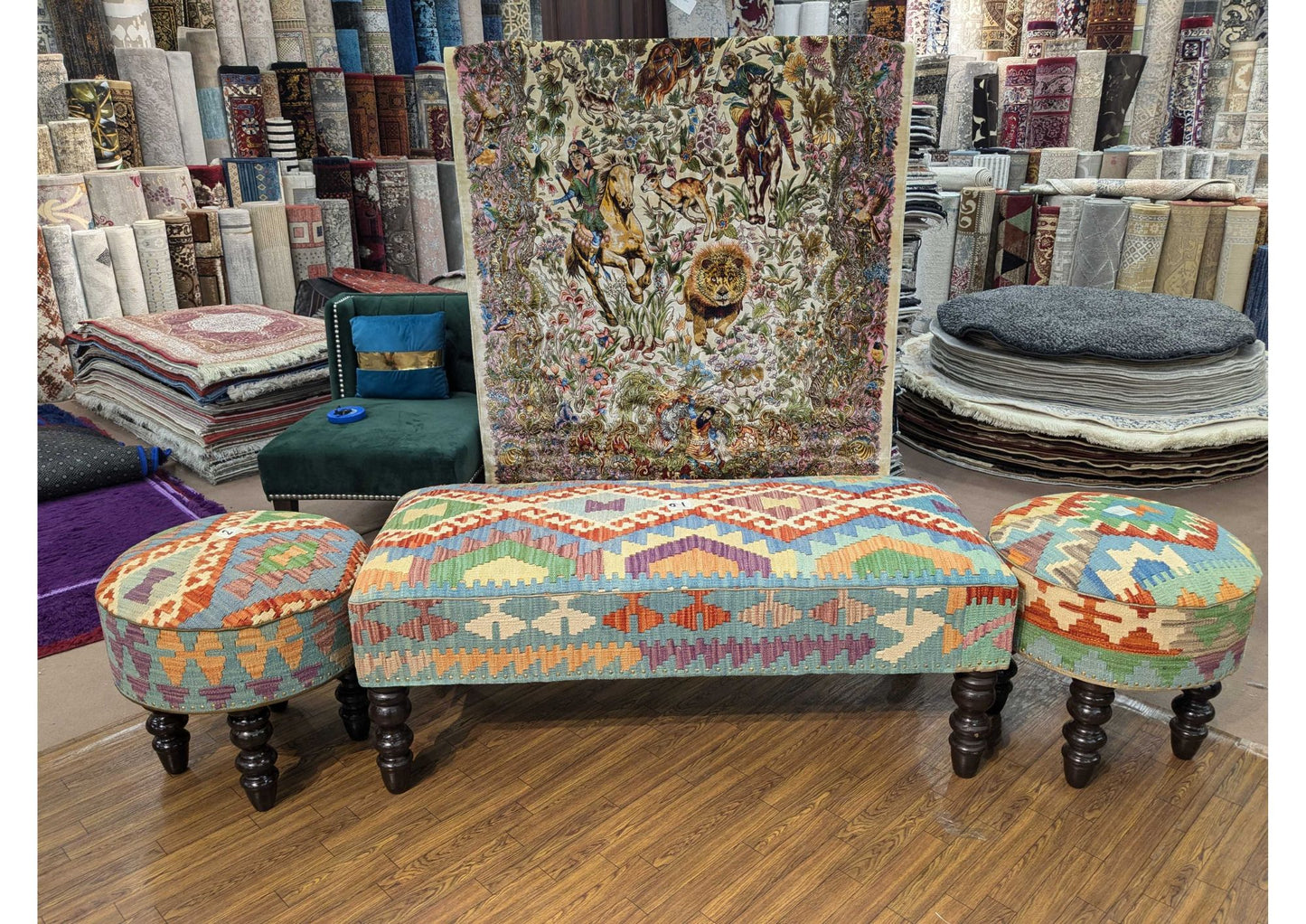 Handmade Chobi Kilim Ottoman Table – 4 Seater Large size, Keekar Wood Frame