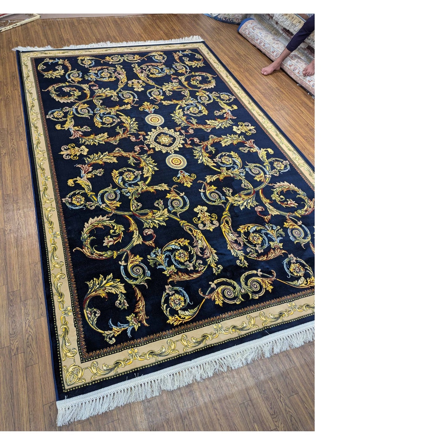 Persian Premium Quality Authentic 1200Rug Black, gold, and beige.