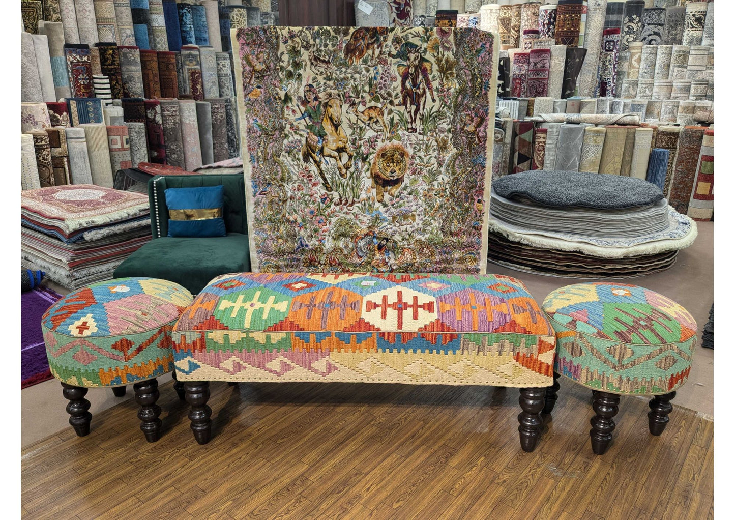 Handmade Chobi Kilim Ottoman Table – 4 Seater Large size, Keekar Wood Frame