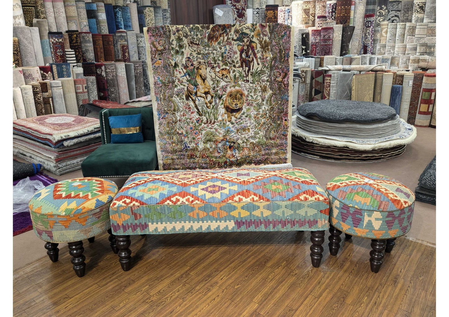 Handmade Chobi Kilim Ottoman Table – 4 Seater Large size, Keekar Wood Frame