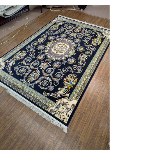 Persian Premium Quality Authentic 1200Rug Navy blue, gold, and cream.