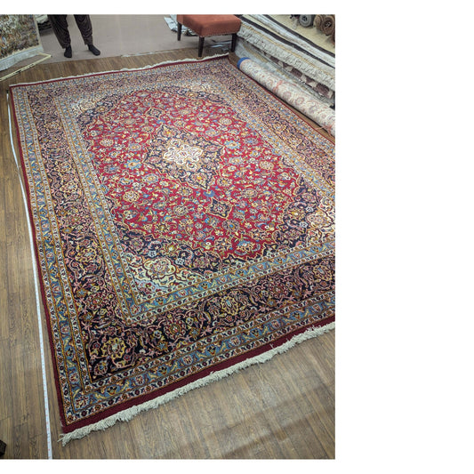 Persian Kashan Ruby & Navy Floral Rug – 8.2x11.2 ft