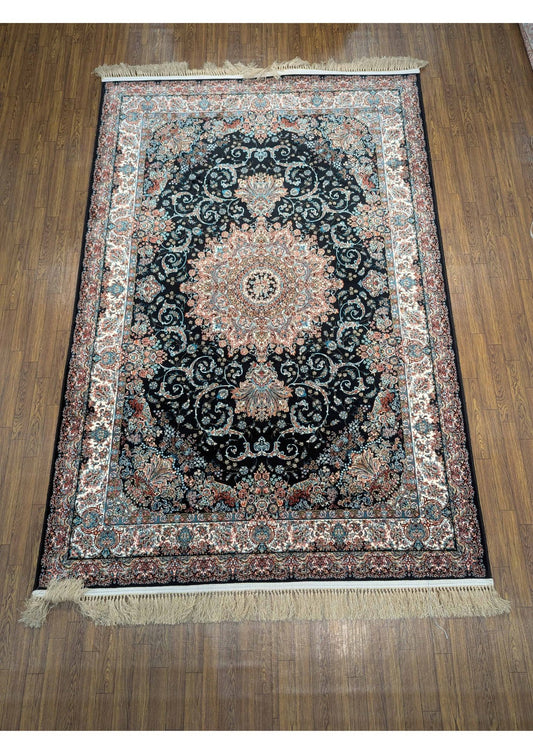 5x8ft Persian Authentic Premium Quality Black,Feroze and Rust Rug