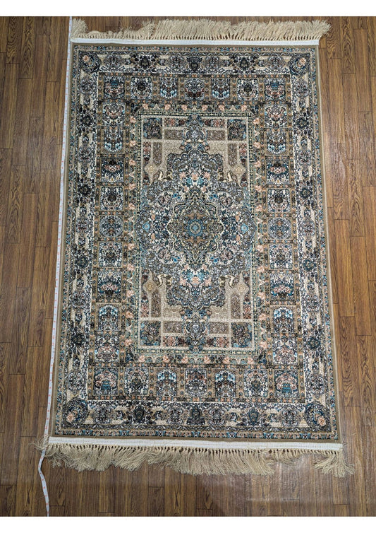3.2x4.9ft Persian Authentic Premium Quality Beige & Blue Garden Medallion Rug