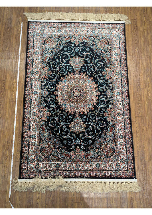 3.2x4.9ft Persian Authentic Premium Quality Black & Floral Medallion Rug